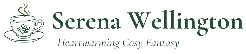 Logo for Serena Wellington featuring a steaming teacup with a floral design and the tagline Heartwarming Cosy Fantasy